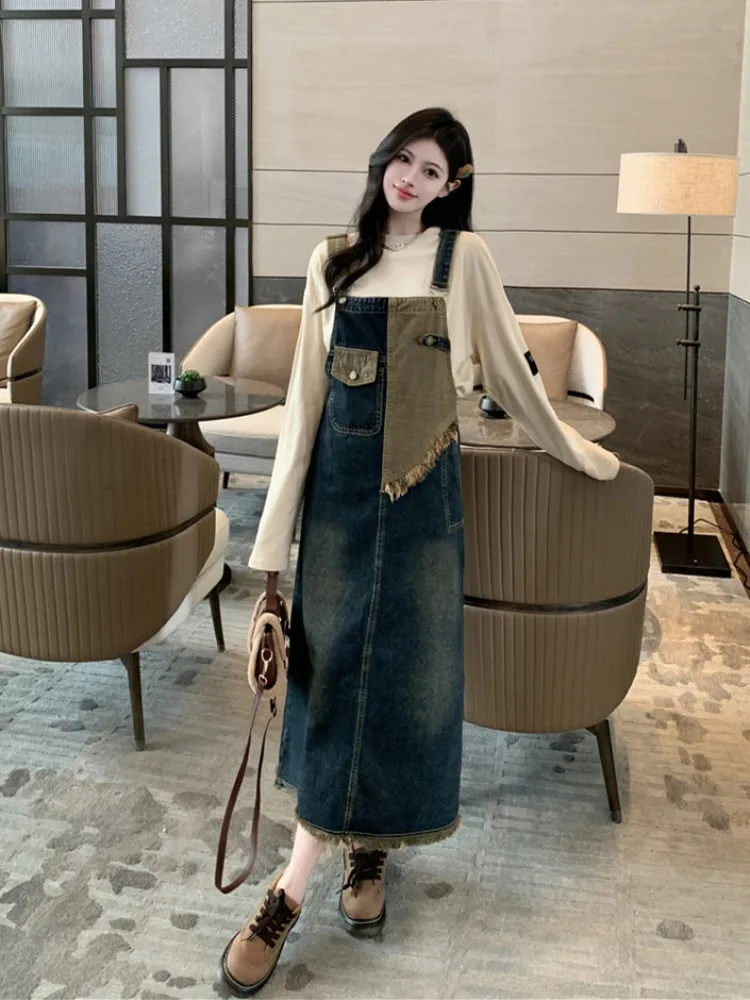 

Oversized Vintage Women Denim Overall Dress Spring Summer Trendy Loose Contrast Color Tassels Long Suspender Dress