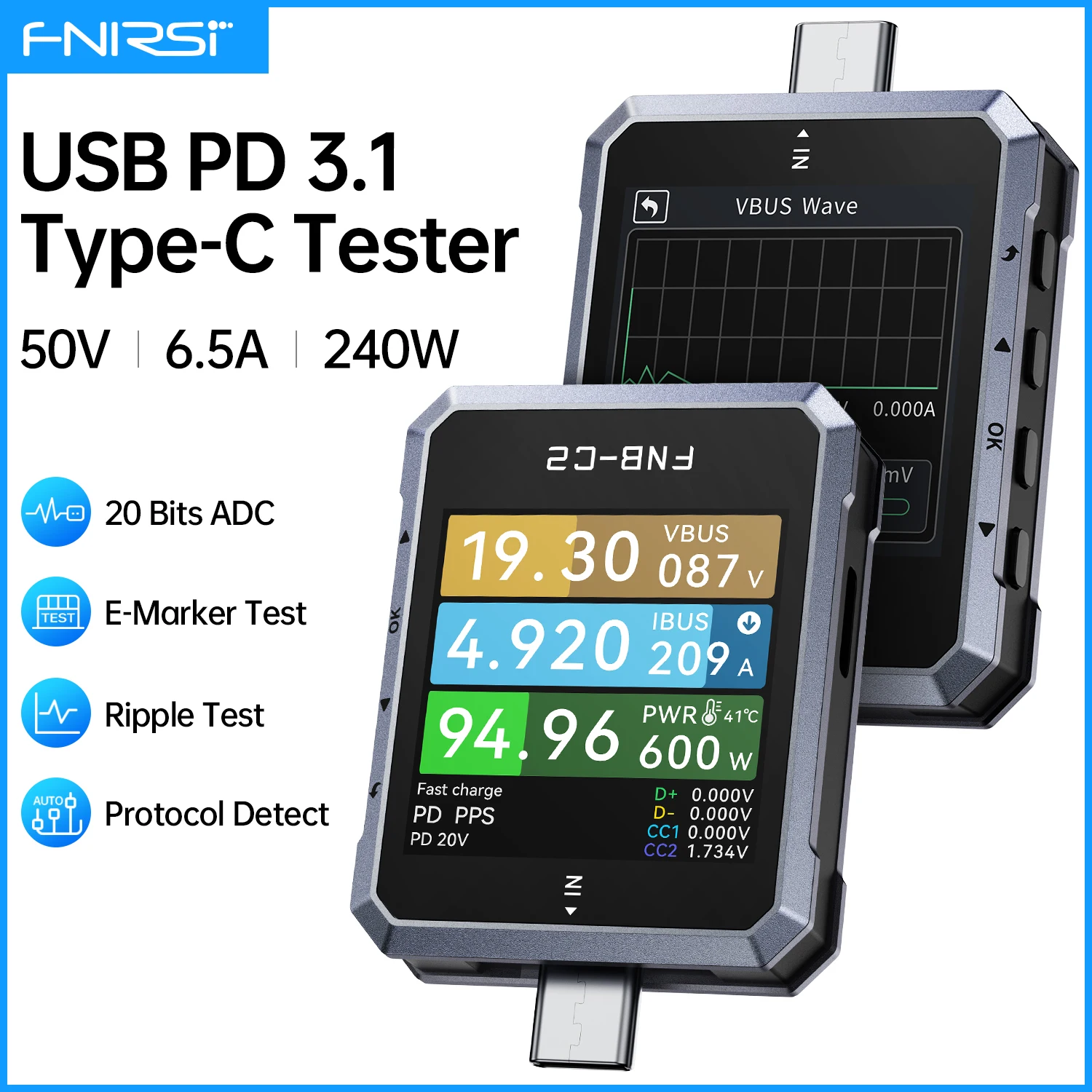 FNIRSIFNB-C2PortableType-CFastChargingmeasurementPD3.1QC5.0240WMaxPowerDigitalPowerBank/Phone/ChargerTest