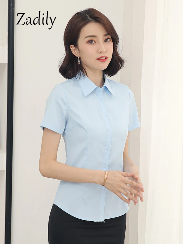 Summer Office Lady Button Up Women Basic White Shirt Minimalist Slim Tunic Button Up Top Short Sleeve Woman Work Shirts Clothing