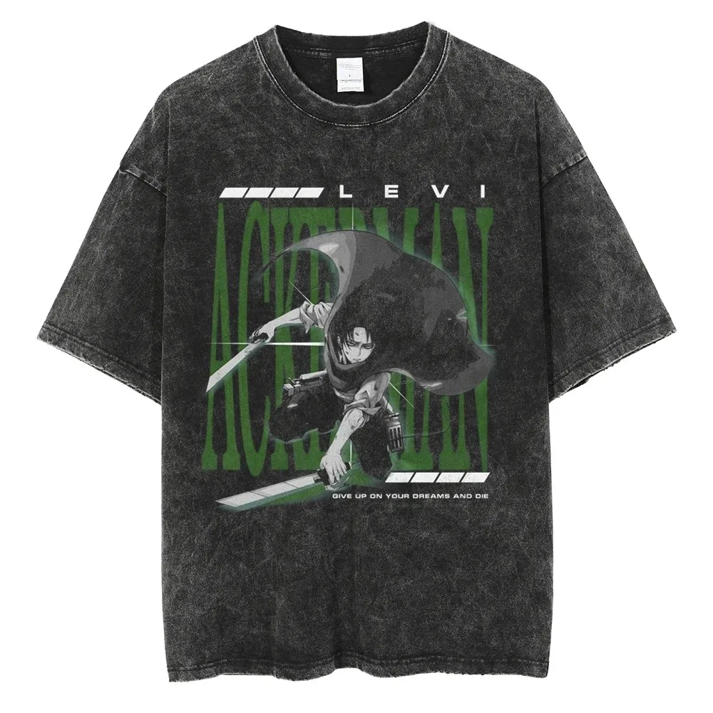 

Attack On Titan Anime T-shirt Levi Ackerman Graphic Print Tee Men Women Vintage Tshirts Harajuku Unisex Washed Cotton T Shirt
