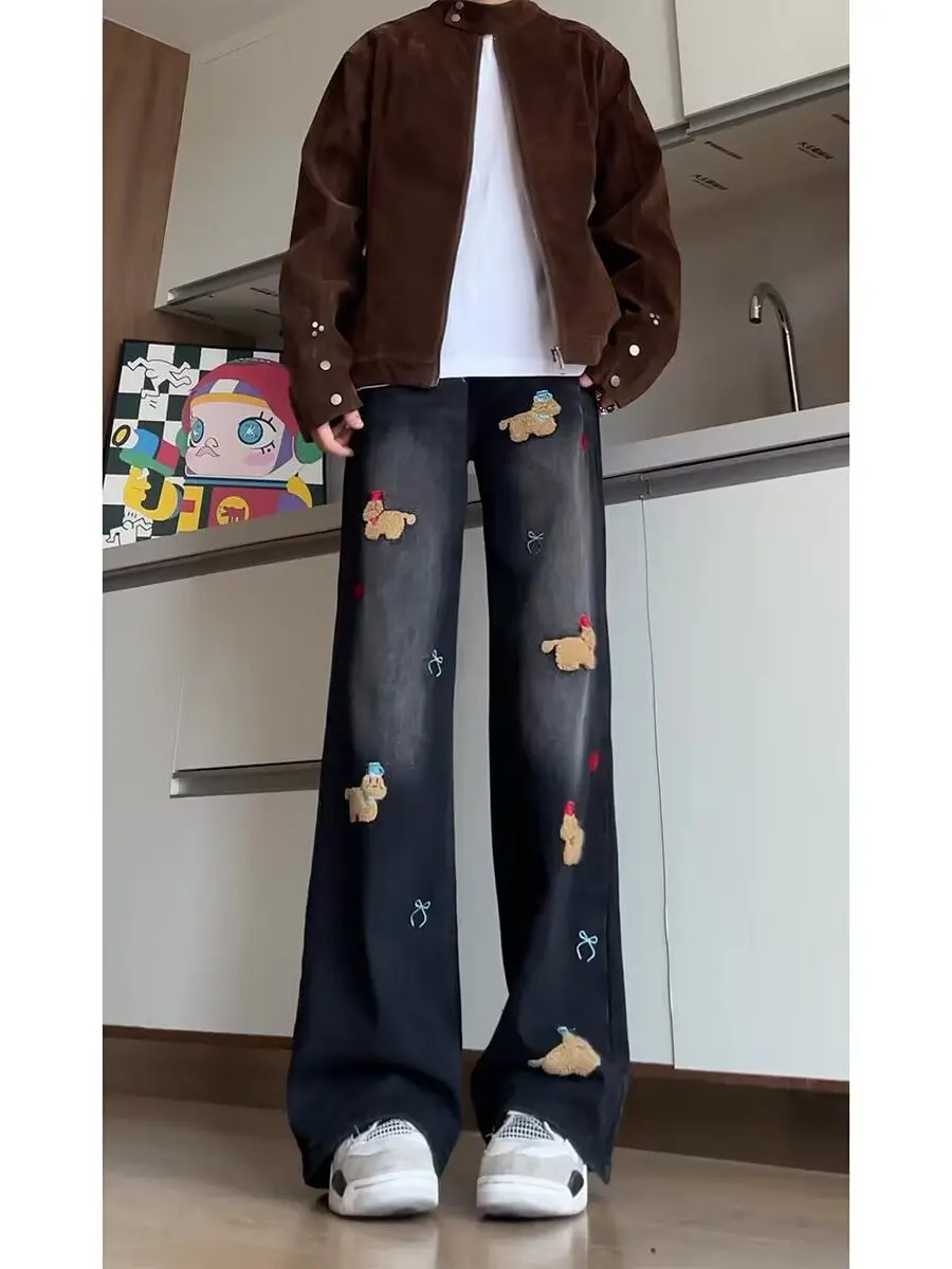 

Мужские джинсы прямого кроя для похудения, осенние, в американском стиле High Street, парные джинсы, широкие длинные джинсы с вышивкой в виде собаки-сосиски