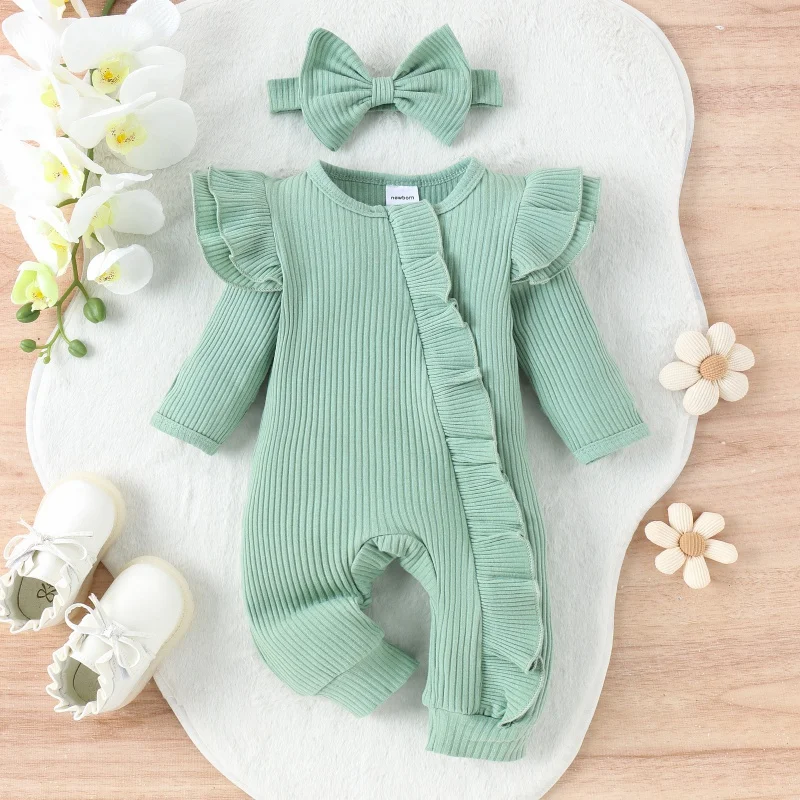 2Pcs Baby Clothes Long Sleeve Ruffle Decor Romper+Headband Autumn Infant Cotton Soft High Quality One-Piece Set Newborn Gift D2L