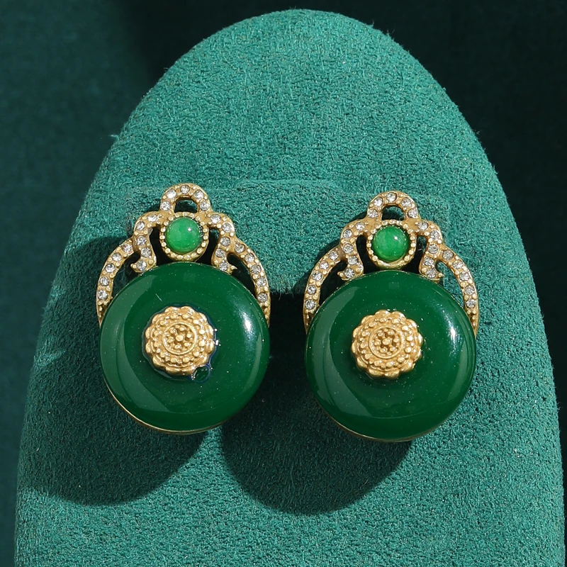 

Vintage Round Natural Stone Green Drop Earrings Dangle Big Antique Gold Plated Flower Jewelry Chinese Style Women Birthday Gifts