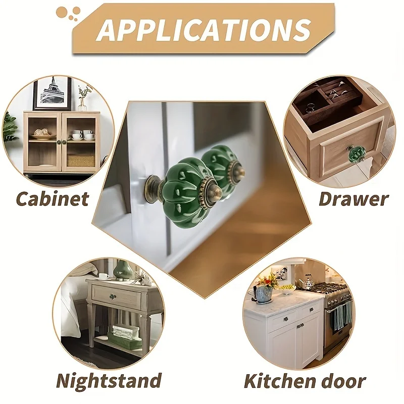 4pcs Vintage Ceramic Cabinet Pulls Lantern Knobs Dark Green 1 Set of Dresser Knobs, Drawer Pulls & Handles with Mounting Screws