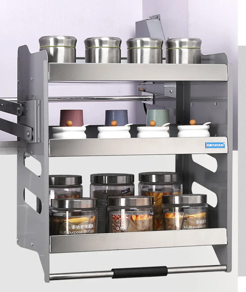 

3 layers Wall Cabinet Lift Pull Basket Kitchen Cabinet Stainless Steel Drawer Baskets Seasoning Bottle Storage Racks