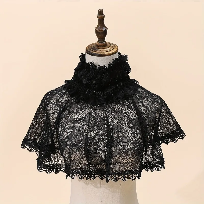 1PCS Halloween Party & Holiday DIY Decor Scarf Polyester White Rose Lace Stand Collar Cape Shawl Vintage Ruffled Faux Collar