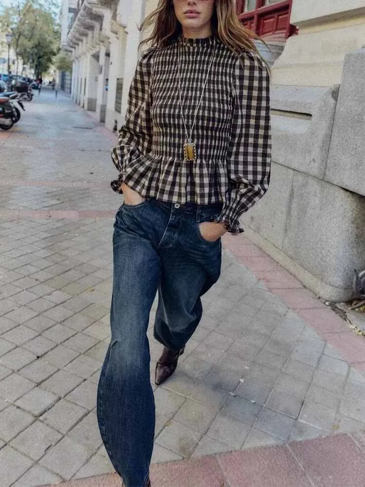 

European and American style winter new arrivals fashionable women's long-sleeved layered honeycomb plaid top