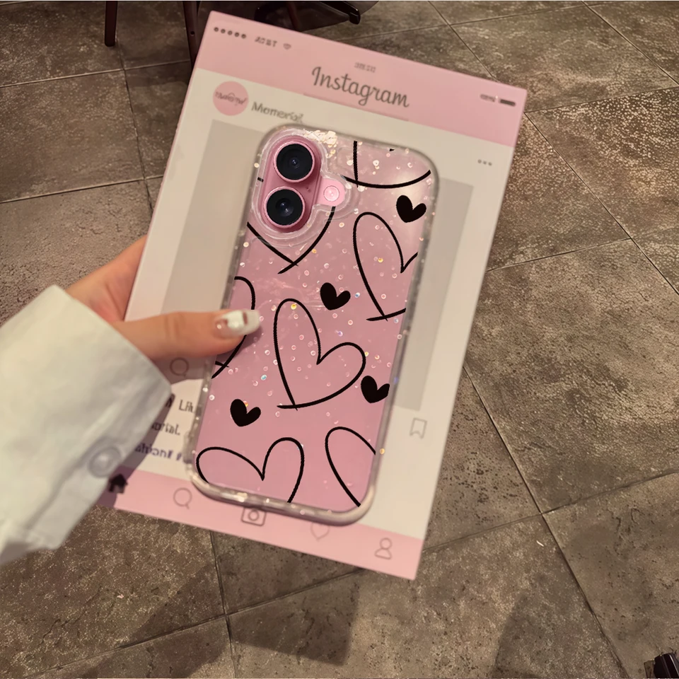 Funda de silicona Y2K con corazón y glitter para iPhone 17 15 16 11 12 13 14 Pro Max Plus, transparente suave y resistente a golpes 6