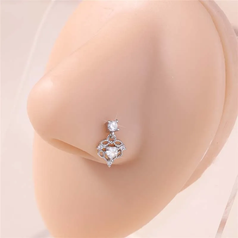 Thin Dangle Nose Studs Mini Zircon Heart Charm