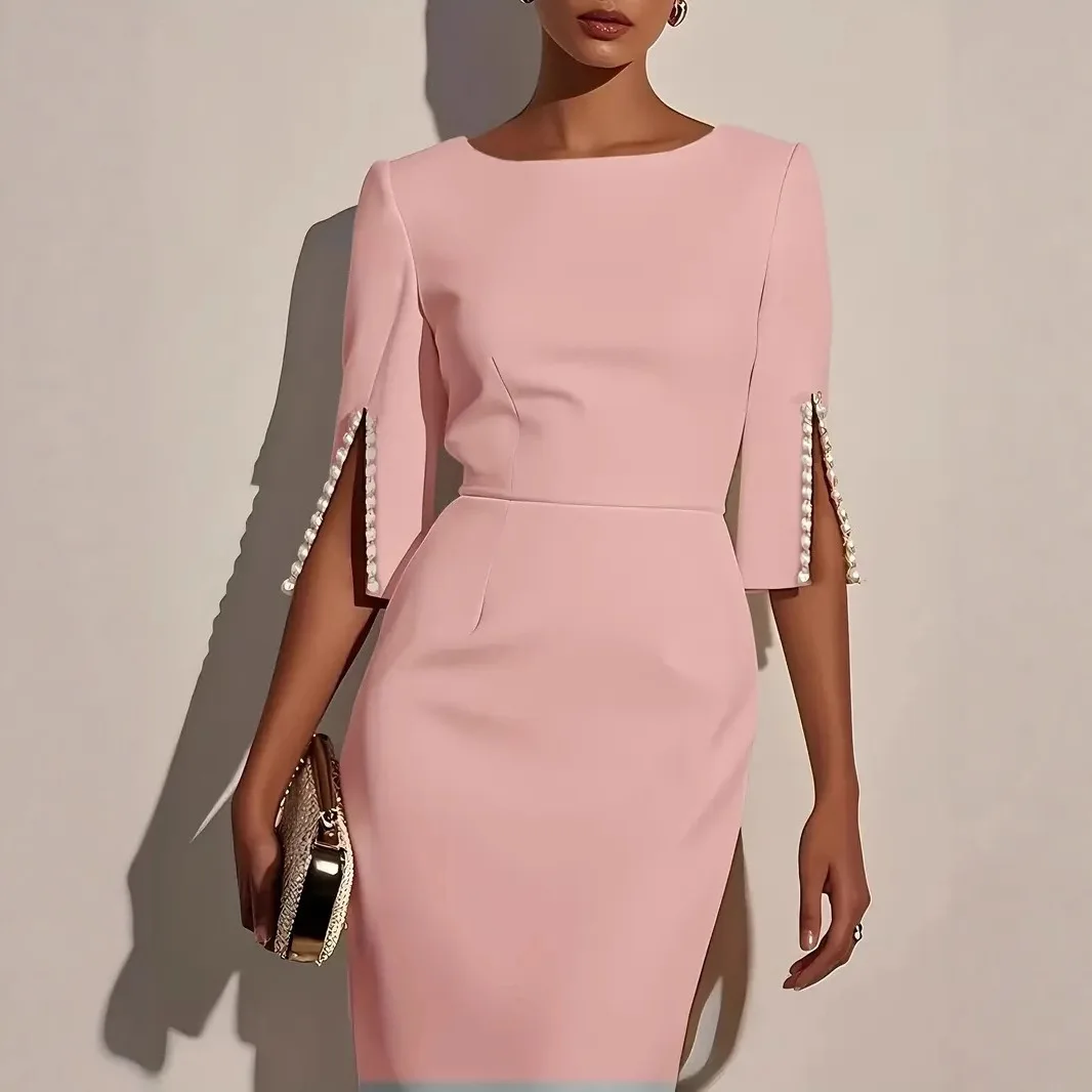 

2025 Women's Fashion Spring and Summer Style Chic Hot Girl Solid Color Commuting Nail Bead Slim Elegant Dress for Women's Wear