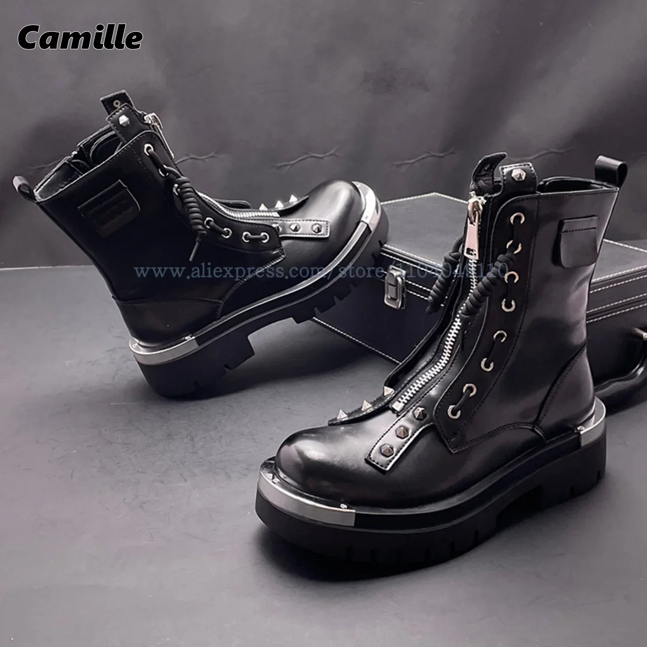 

Genuine Leather Metal Rivet Front Zipper Mid Calf Boots Punk Style Y2K Cool Girl Motorcycle Boots Round Toe Platform Women Shoes