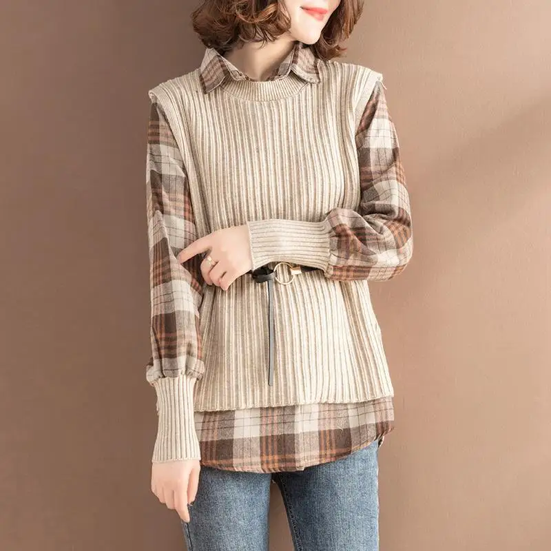 Winter Checkered Patchwork Shirt Knitted Vest Two-piece Set Fashionable Women's Slim Fit Top Elegant Pullover Jacket