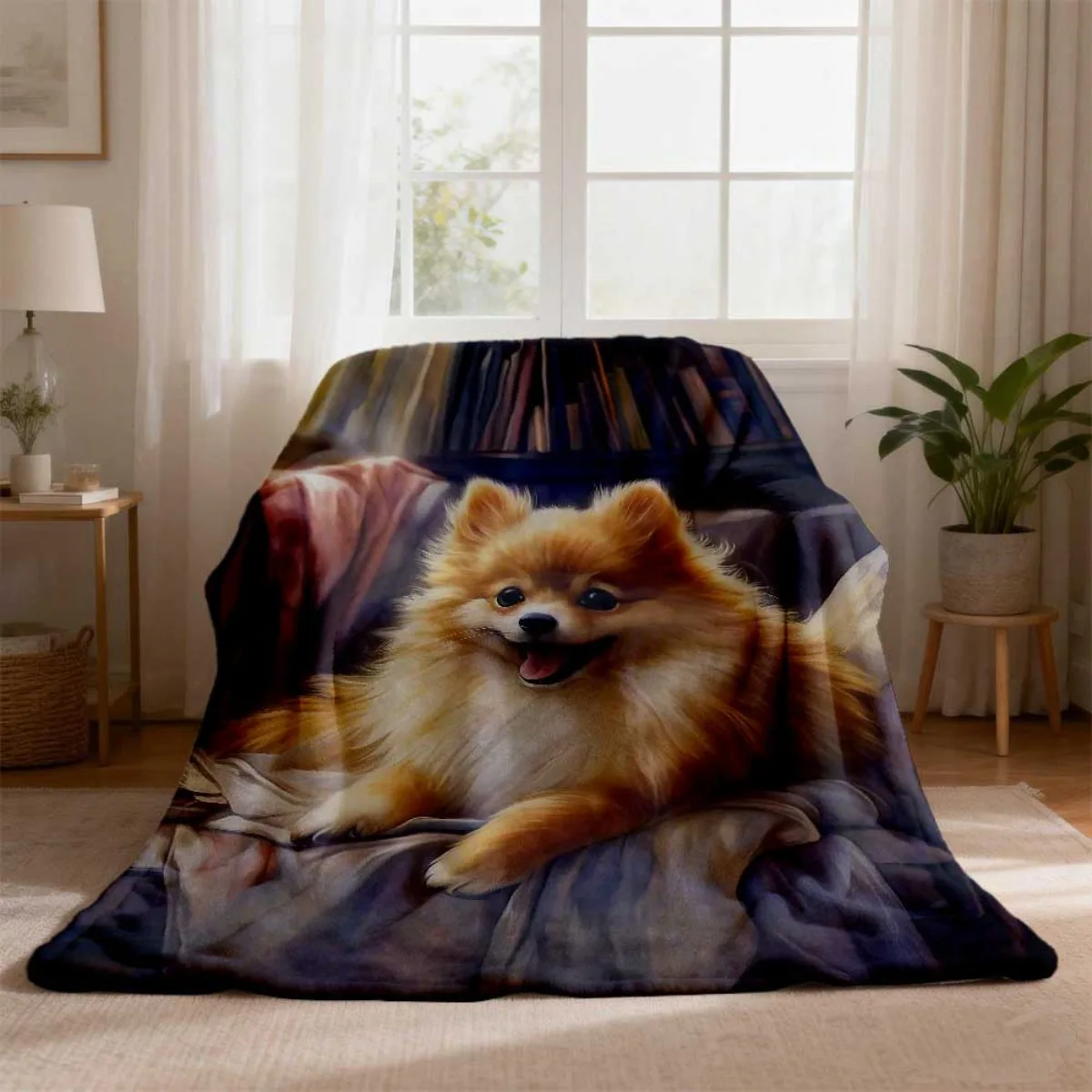 Premium Fluffy Pomeranian Dog Portrait Throw Blanket for Sofa Couch Bed Pet Lover Gift Cozy Home Decor Winter Warming Wrap