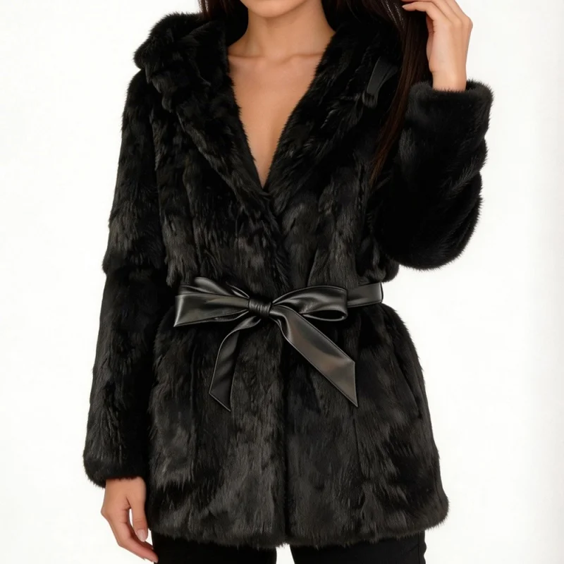 New winter style fur coat, high-quality, fashionable and luxurious whole rabbit fur coat, women's mid-length hooded belted coat.