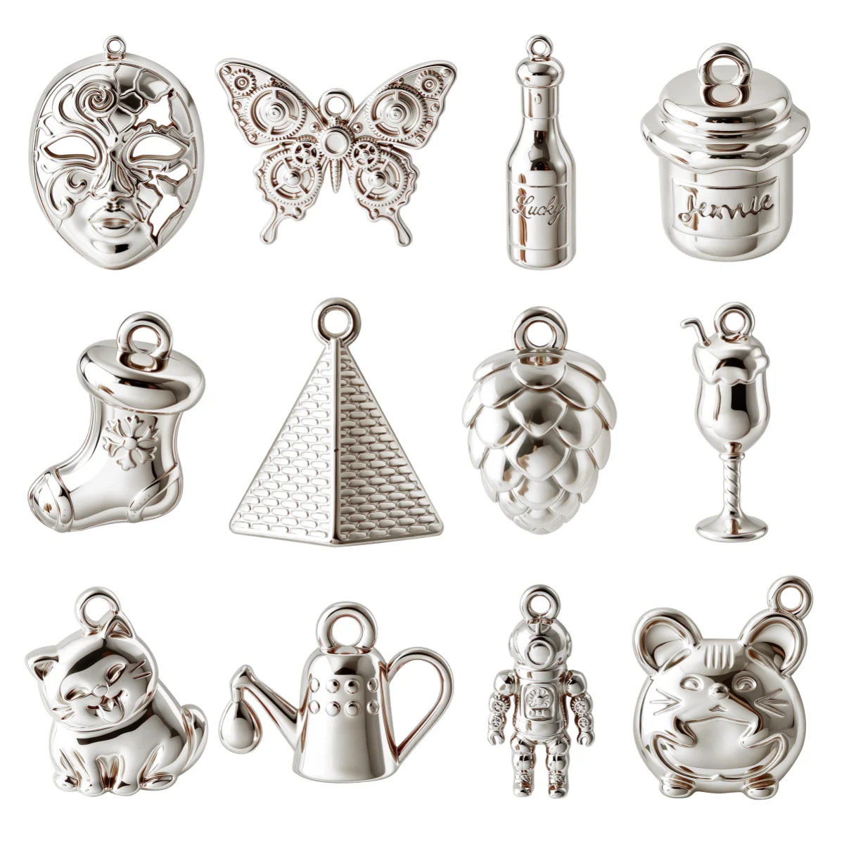 6Pcs Fashion Stainless Steel Silver Plated 3D Pendant Mask Butterfly Pyramid Kettle No Fading Pendants DIY Necklace Earring Bulk