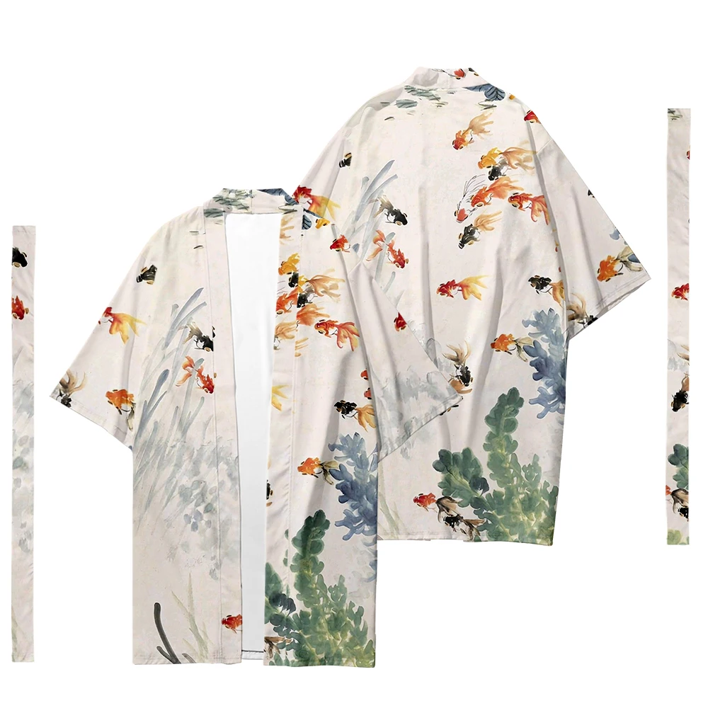 Autumn Samurai Kimono Cosplay Stylish Haori Street Kimono Men Cardigan Vintage Fish Print Robe Japanese Fashion Women Yukata