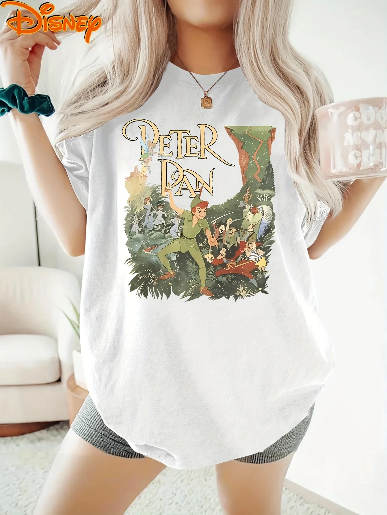 

2025 Disney Pattern Printed Women's Casual Comfortable Unique Smiling Face Black Round Neck Short Sleeve T-shirt