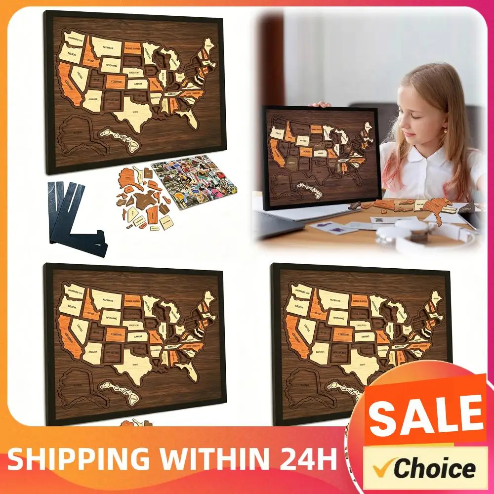 Wooden USA Maps Puzzle Reusable Landmarks Cork Travel Map Multi-Purpose Portable Wooden Puzzle for Home Decor Remarks