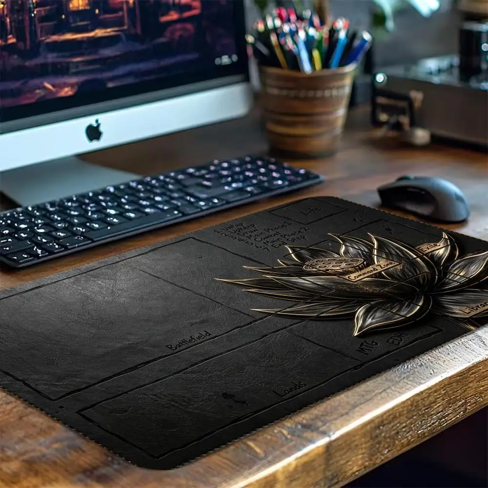 Light Blue Lotus Large Extended Game Mat Non-Slip Rubber Base Stitched Edges For Tabletop Card Board Desktop Play Mat