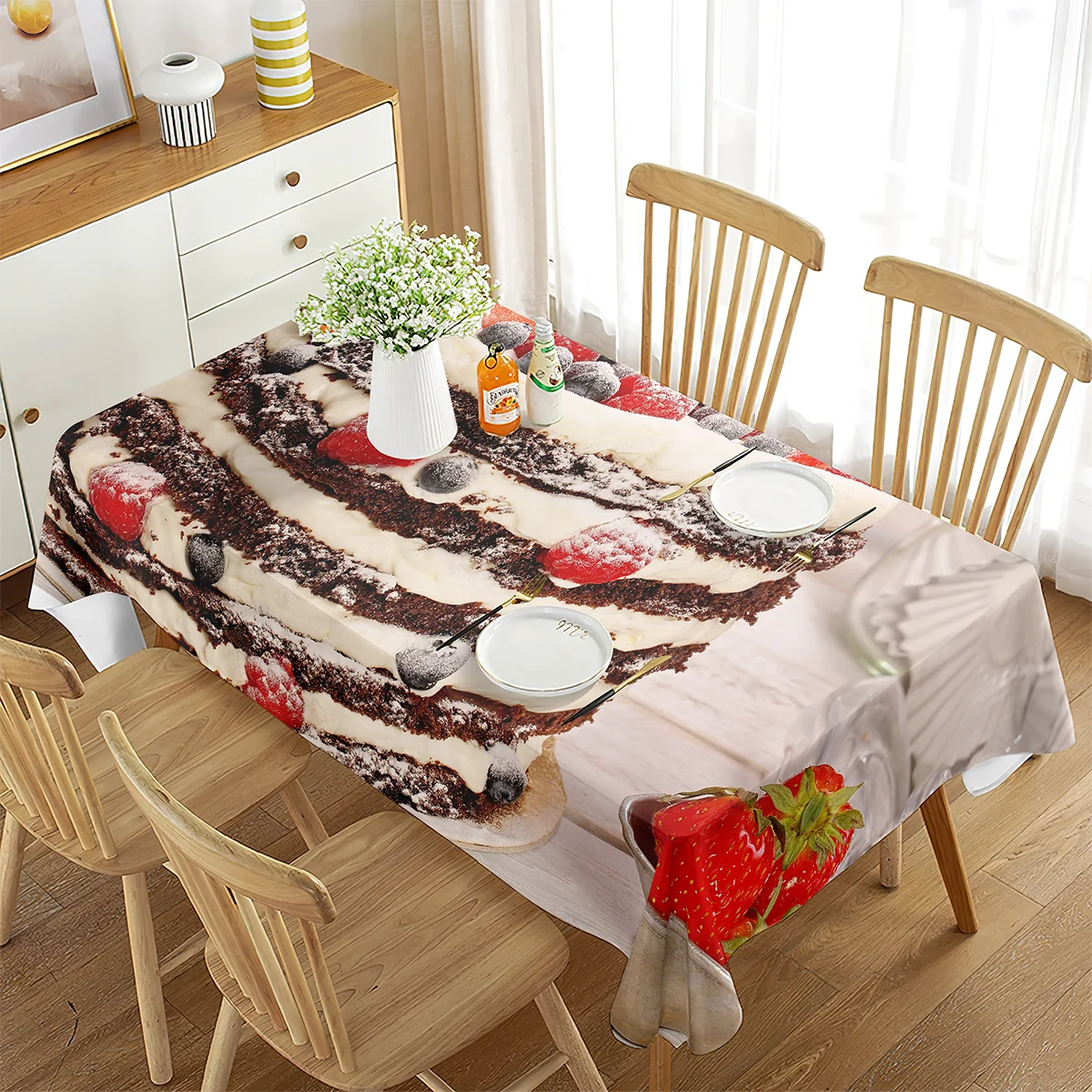 Cake Rectangle Tablecloth Fruit Cream Cake Gourmet Theme Rectangle Tablecloth Home Decor Living Room Dining Room Kitchen Party