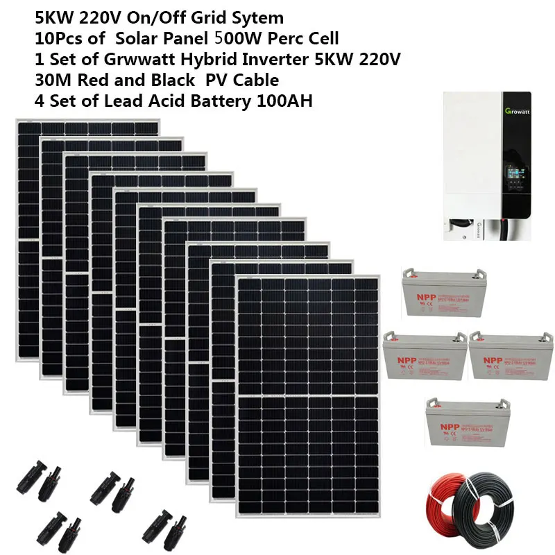 Solar Panel Kit Complete With Battery 5000W 10000W 220V 110v On Off Grid Solar System Home Growatt Hybrid Inverter MPPT Camping