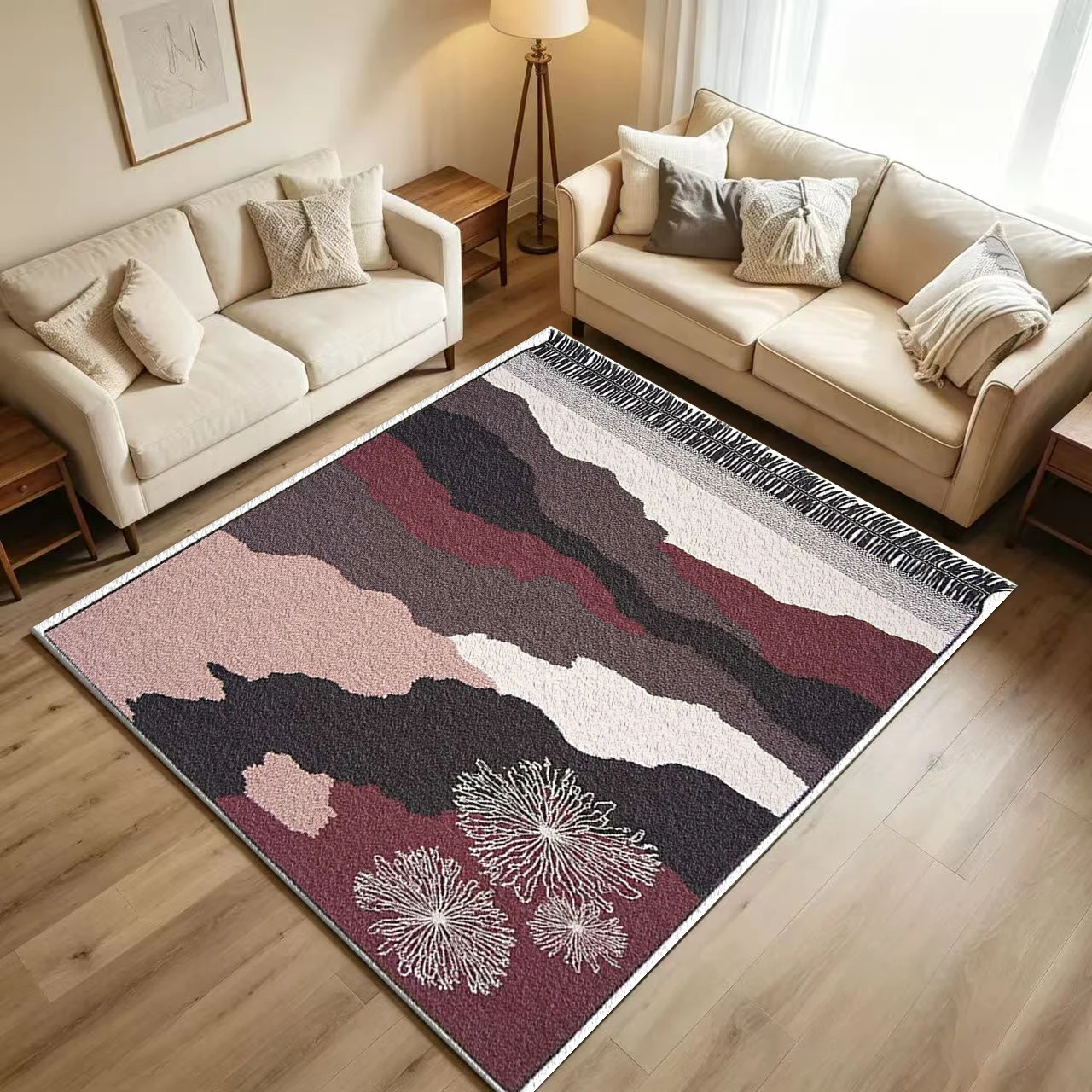 Dark Abstract Wavy Gradient Carpet Flooring Retro Tassel Edge Dandelion Art Printed Floor Rug for Household Indoor Home Bohemian Style Decor