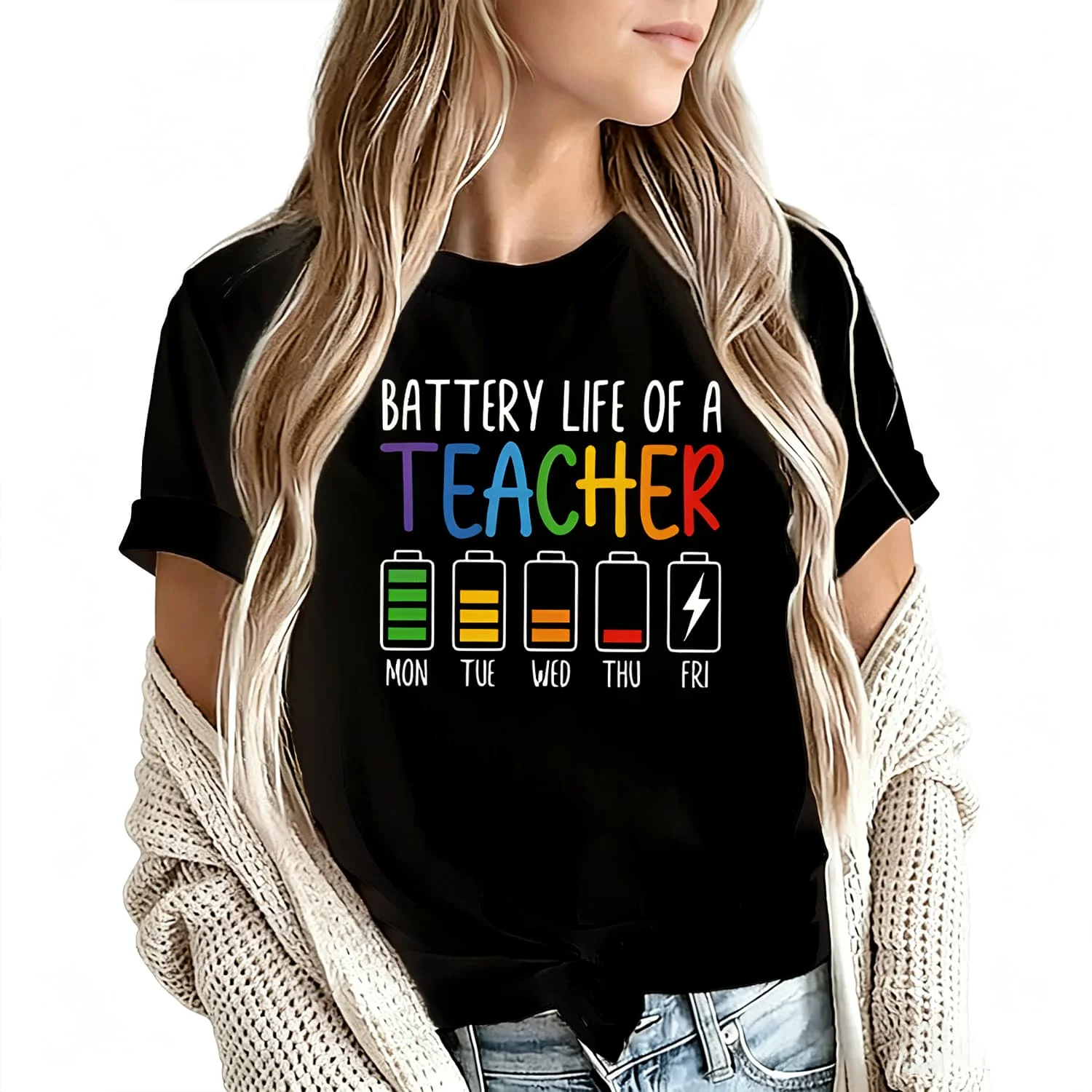 Battery Life of a Teacher Women's T-Shirt 100% Cotton Funny Graphic Short Sleeve Tee Novelty Shirt Casual Crew Neck Top S-5Xl