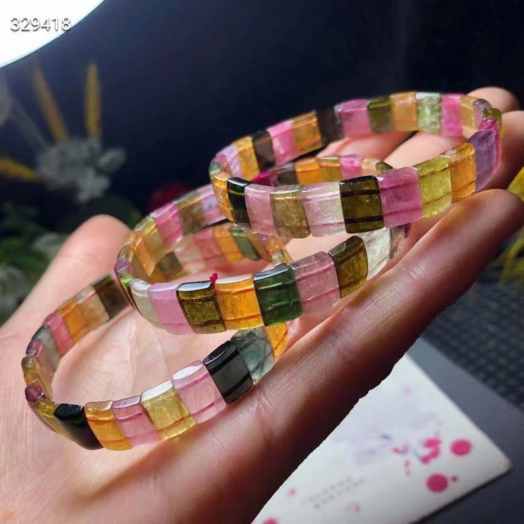 Natural Colorful Tourmaline Clear Rectangle Beads Bracelet Bangle 9x6mm Brazil Red Green Tourmaline Women AAAAAAA