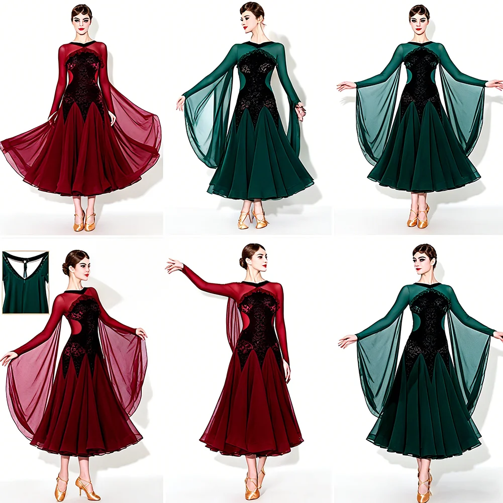 

Ballroom Dance Performance Costume for Women Waltz Foxstep Tango Quickstep Dance Competition Dress Velvet Long Sleeved Dresses