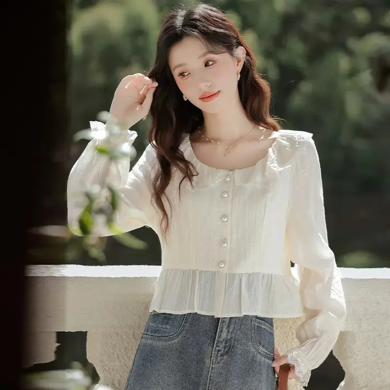 

Рубашки с коротким рукавом, женские, кружевные, многослойные, укороченные, милые, женские, художественные, городские, студенческие, молодежные, современные, элегантные