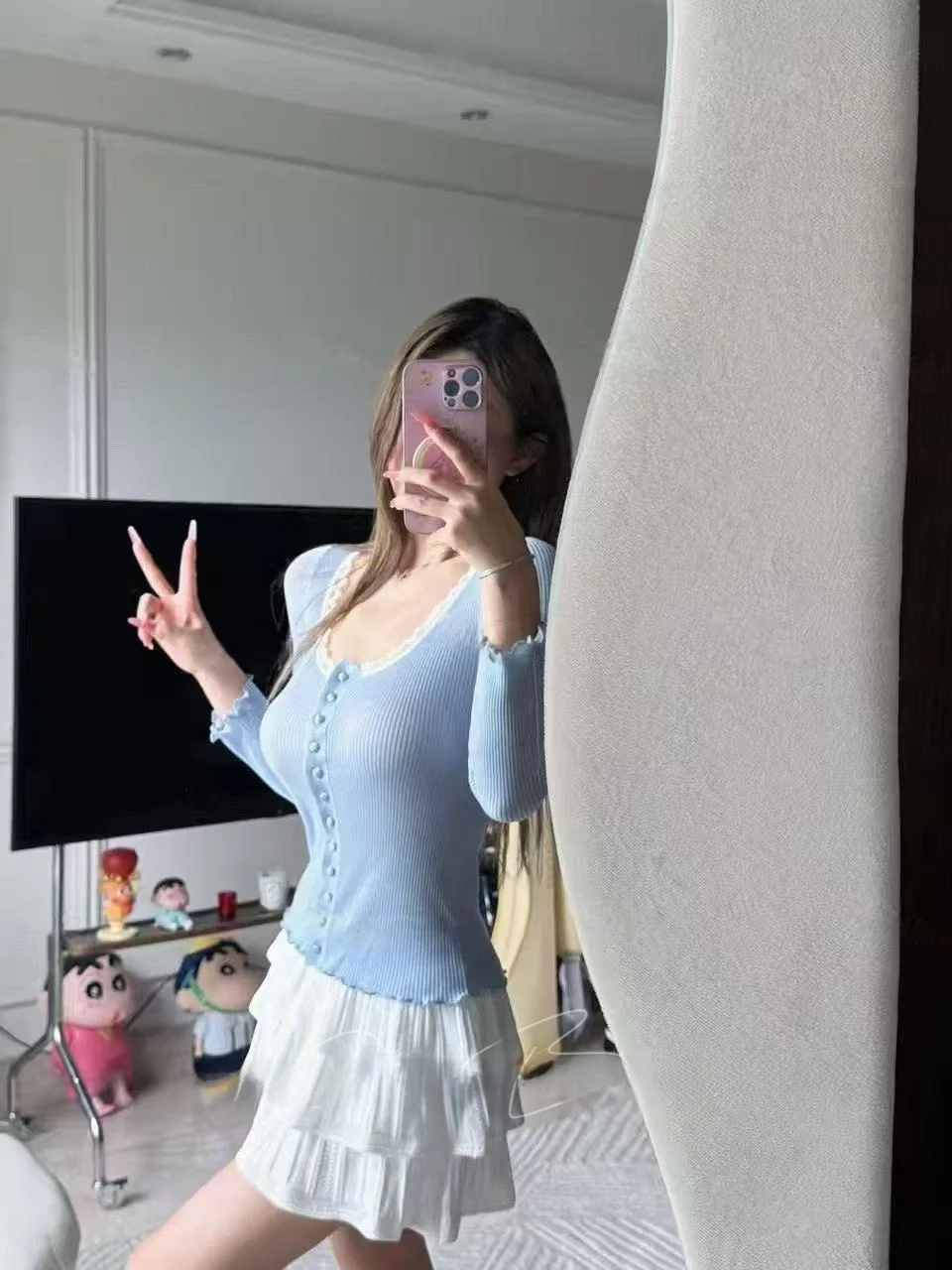 Blue Lace Splice Seven Sleeve Knitted Top Slimming White Enhancing Base Shirt T-Shirt Casual Style Standard Fit Knitted Lace ...