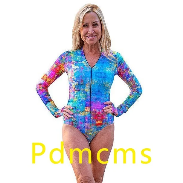 

2025 new European and American full-body printing long-sleeved one-piece swimsuit, sunscreen suit, surf suit, women's swimsuit