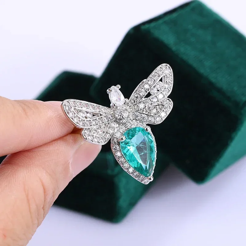 

S925 Sterling Silver Fashion Water Drop Emerald Butterfly Shape Jewelry Ring Exquisite Zircon Ring Jewelry Wedding Female Gift