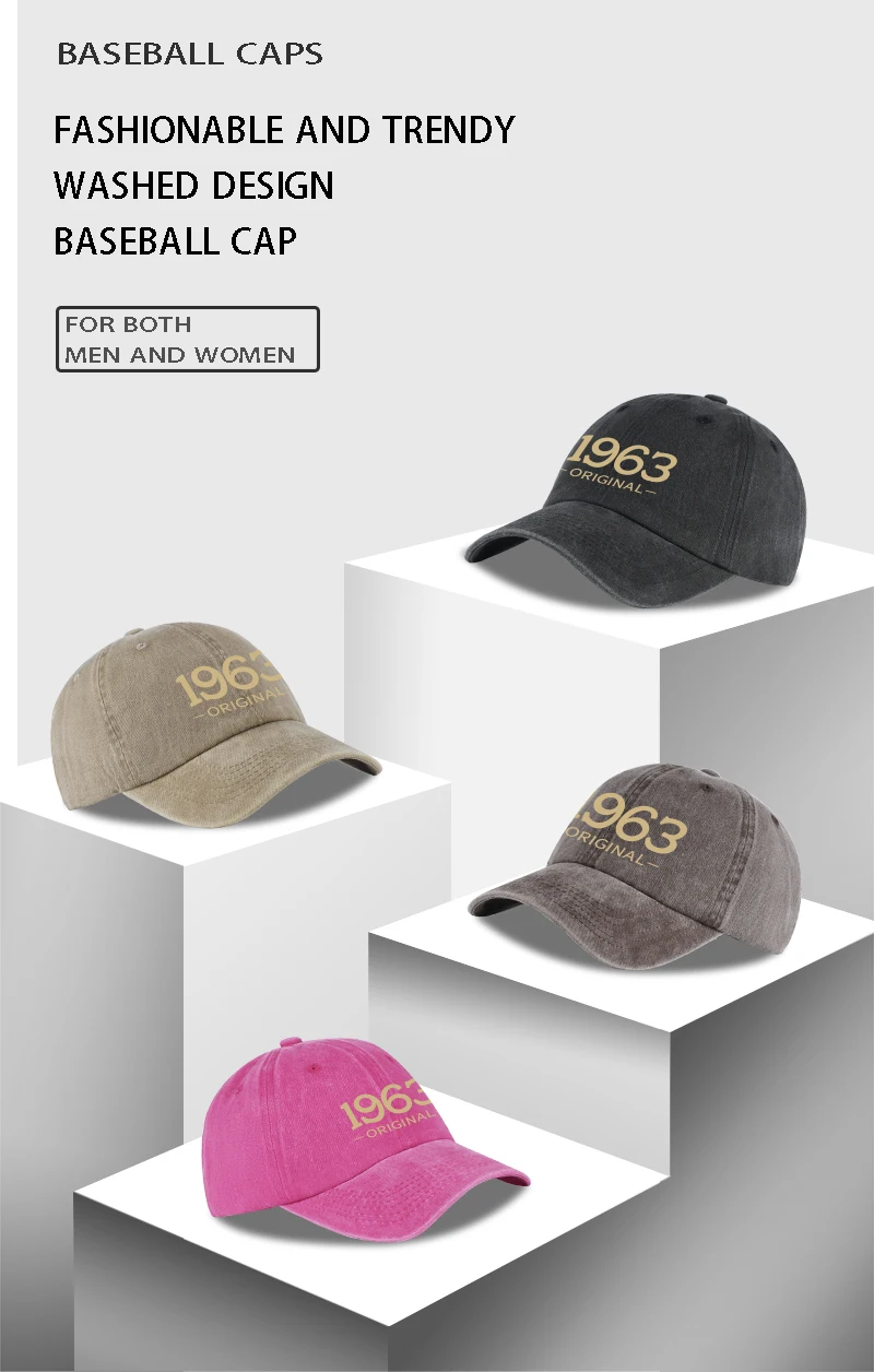 Retro 1963 Original Bedruckte Gewaschene Baseballkappe - Verstellbar, Outdoor, Casual, Unisex, Dad Cap - Vatertagsgeschenk – Detail 1