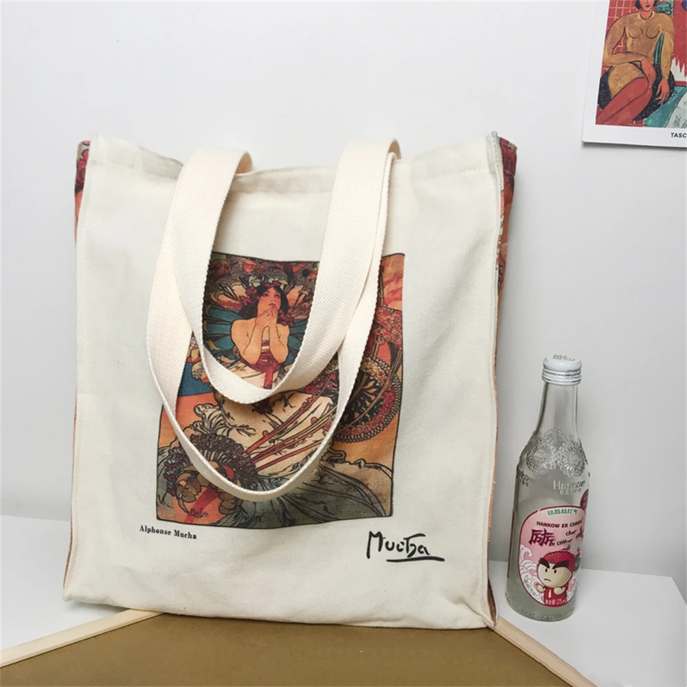 Pinturas a óleo monocromáticas bolsas femininas, bolsa de compras com zíper vintage, bolsa de grande capacidade, bolsa eco reutilizável para