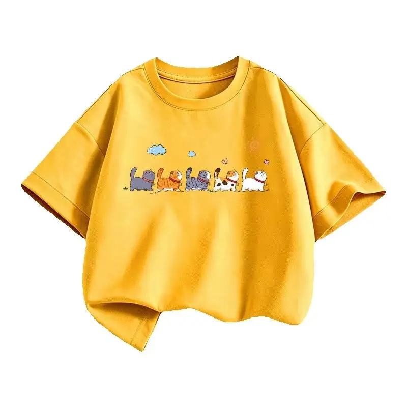 Cute Walking Cat Summer Short Sleeve New Cotton T-shirt Summer Dress Handsome Children's Bottom Shirt Parent Child Clothing