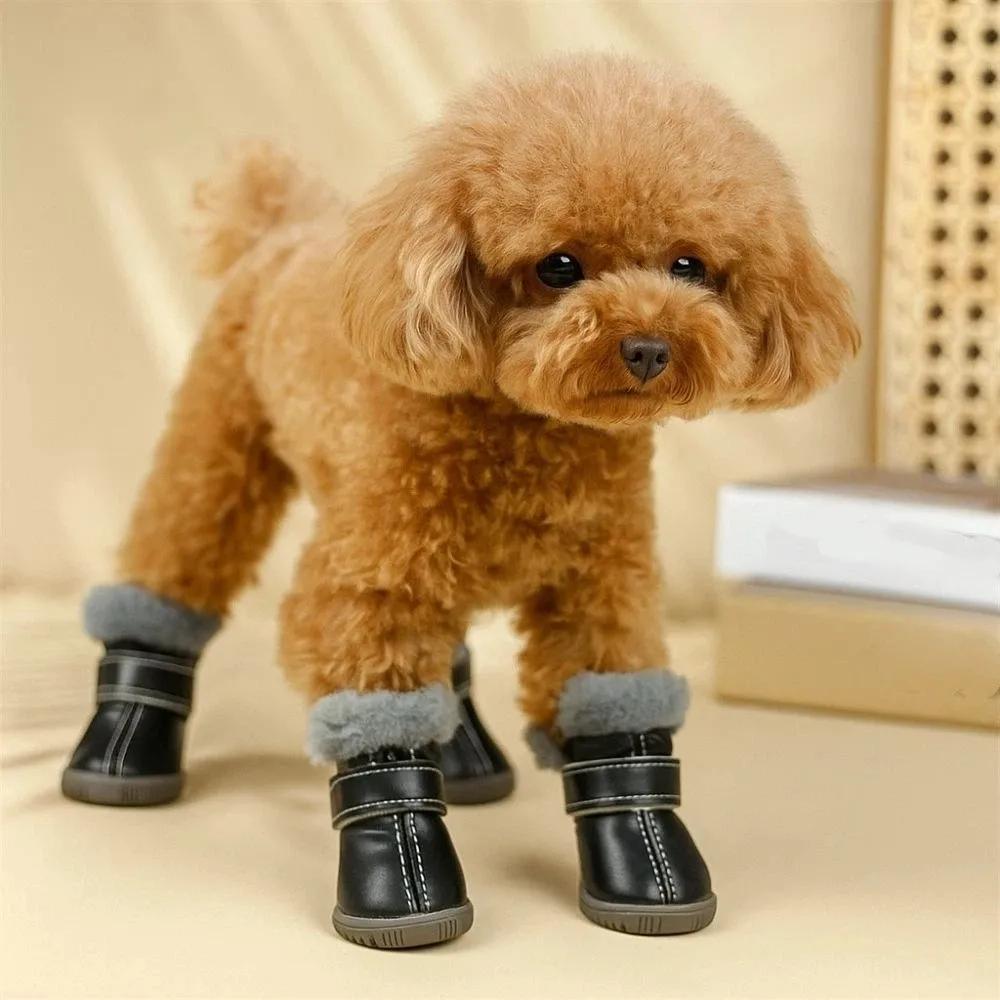 

4PCS Plush Winter Pet Dog Shoes Non Slip Rubber Soles Dog Snow Boots Warm Wear-resistant Waterproof Dog Boots Winter Season