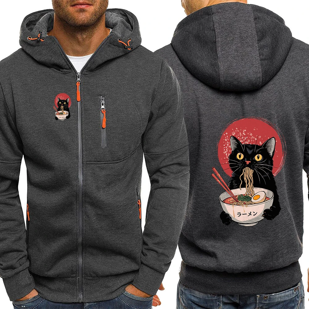 Spring Autumn 2025 Noodle Ramen Cat New Men's Three-color Zipper Hoodie Long Sleeve Comfortable Slim Fit Jacket Coat