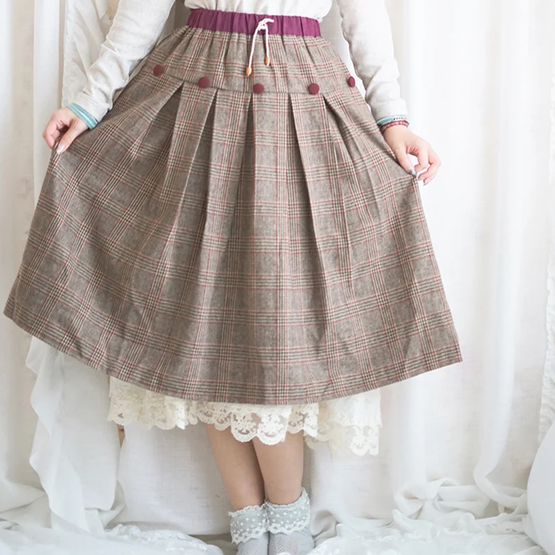 Mori Girl Plaid Sweet Skirt Women clothing Harajuku Plus Velvet Thick Tie Loose Cotton Female Kawaii Retro Skirt A288