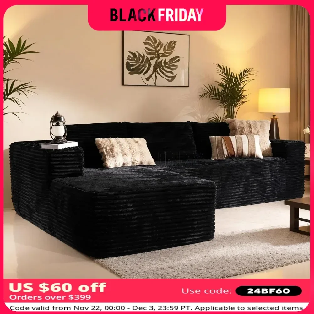 Sectional Couch with Chaise Longue Comfy Corduroy Fluffy Couch with Deep Seat L Shaped Modular Modern Sofa