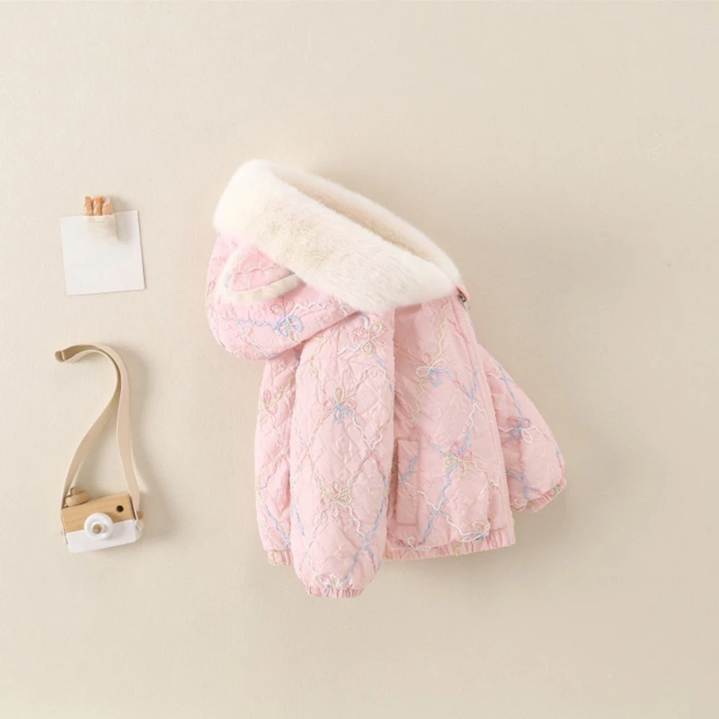2026 Pink Checkered Printed Western-style Velvet Autumn and Winter New Children's Cartoon Hooded Sweet Cotton Jacket