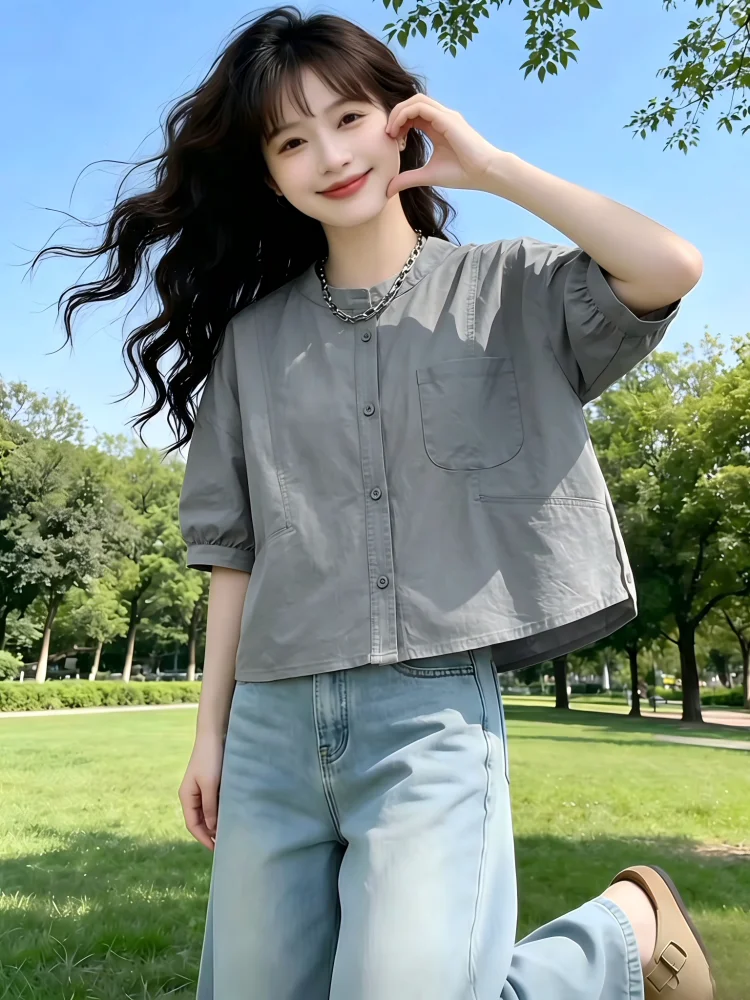 

Elegant round Neck Short Sleeve Shirt Women's Loose Fit Five-Quarter Sleeve Top Princess Style Button Detail Other Material