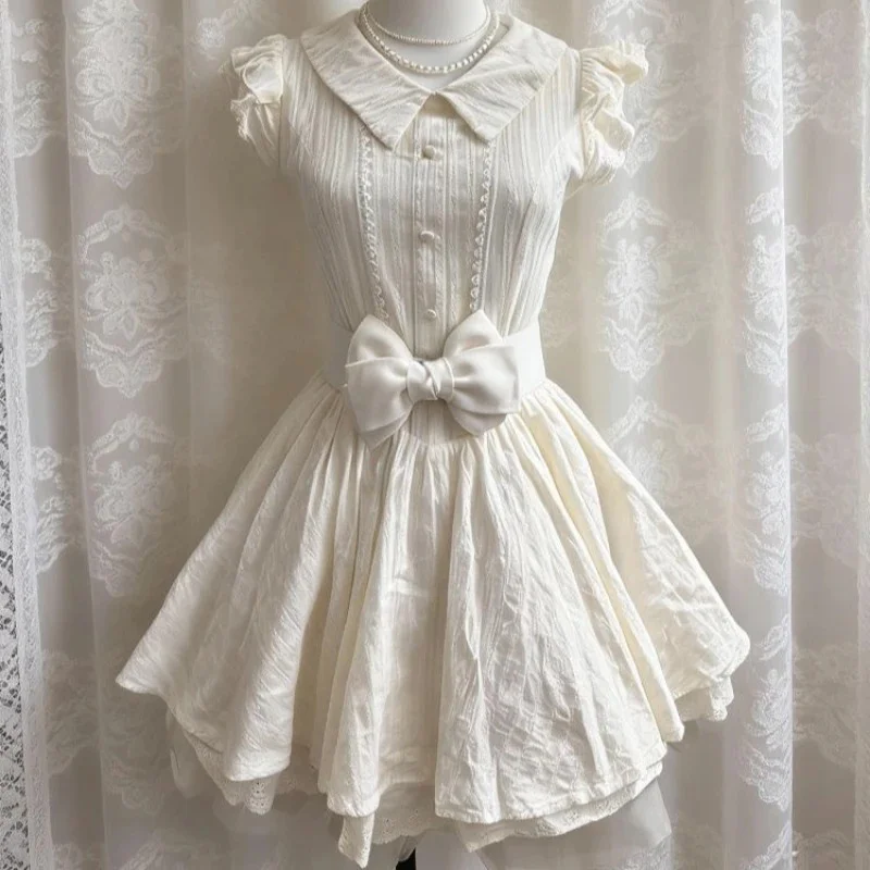 

Japanese Kawaii Lolita Style Princess Dress Women Sweet Y2k Bow Flying Sleeves Slim Dresses Summer Female Elegant Party Dress