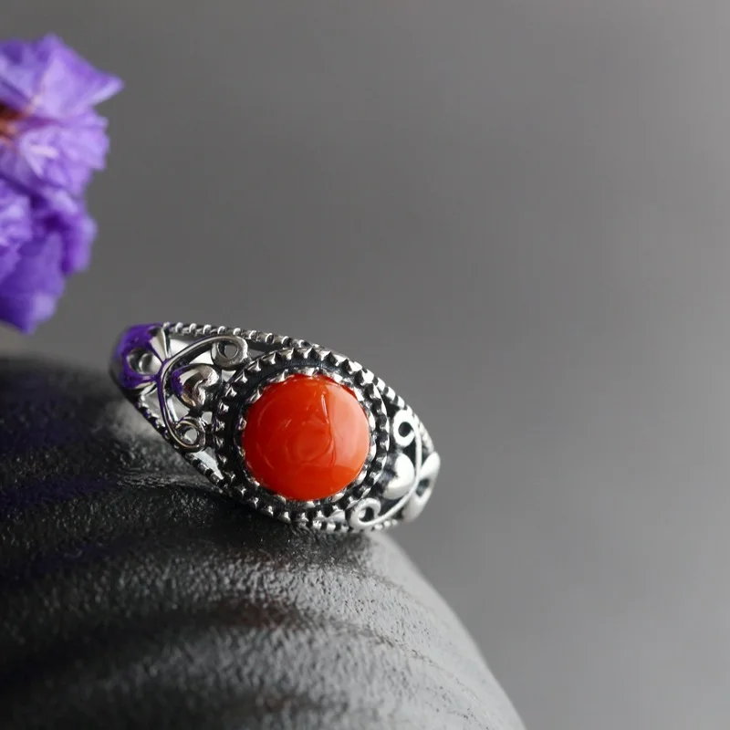 

100%925 sterling silver inlaid with natural southern Red Agate women's Retro Thai silver ring