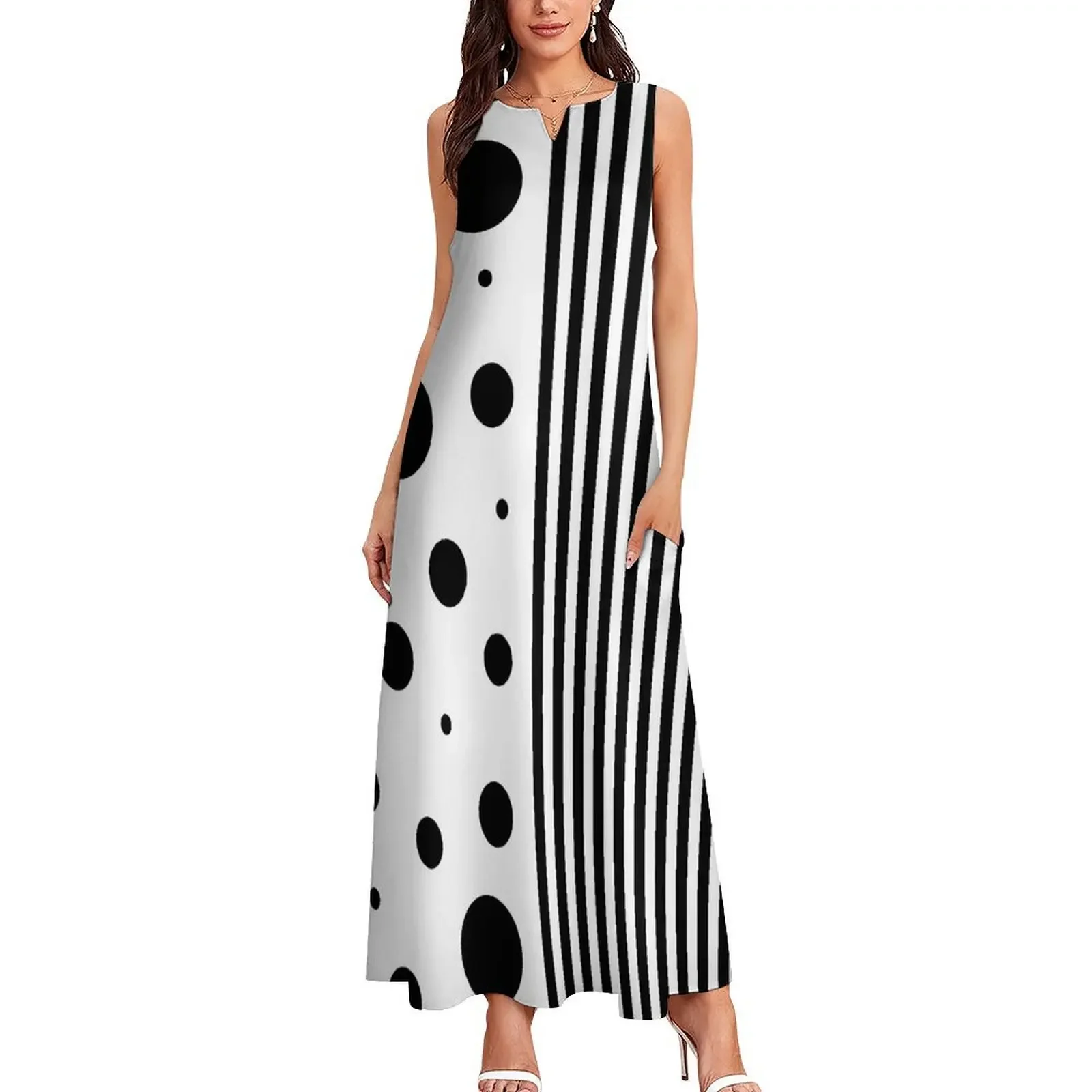 Robe Striped Polka Dot Women Beach Dress Summer Black and White Two Tone Street Style Casual Long Dresses Women Party Maxi Dress
