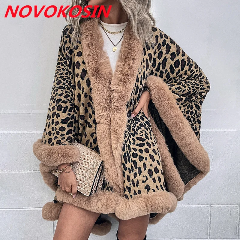 6 Farben Frauen lose Strickjacke Streetwear langen Schal Mantel Kunst pelz Winter umhang dicken warmen gestrickten Leoparden bedruckten Umhang