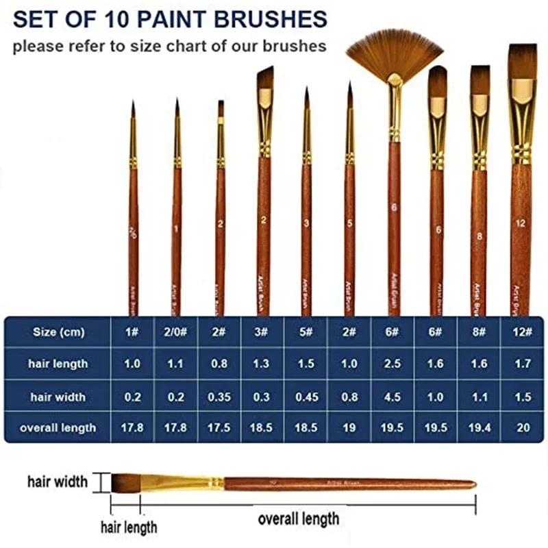 Pincel de pelo de nailon para pintura acrílica al óleo, conjunto de pinceles de varilla corta para varios estilos, suministros de arte Gouache para acuarela, color marrón, 10 piezas