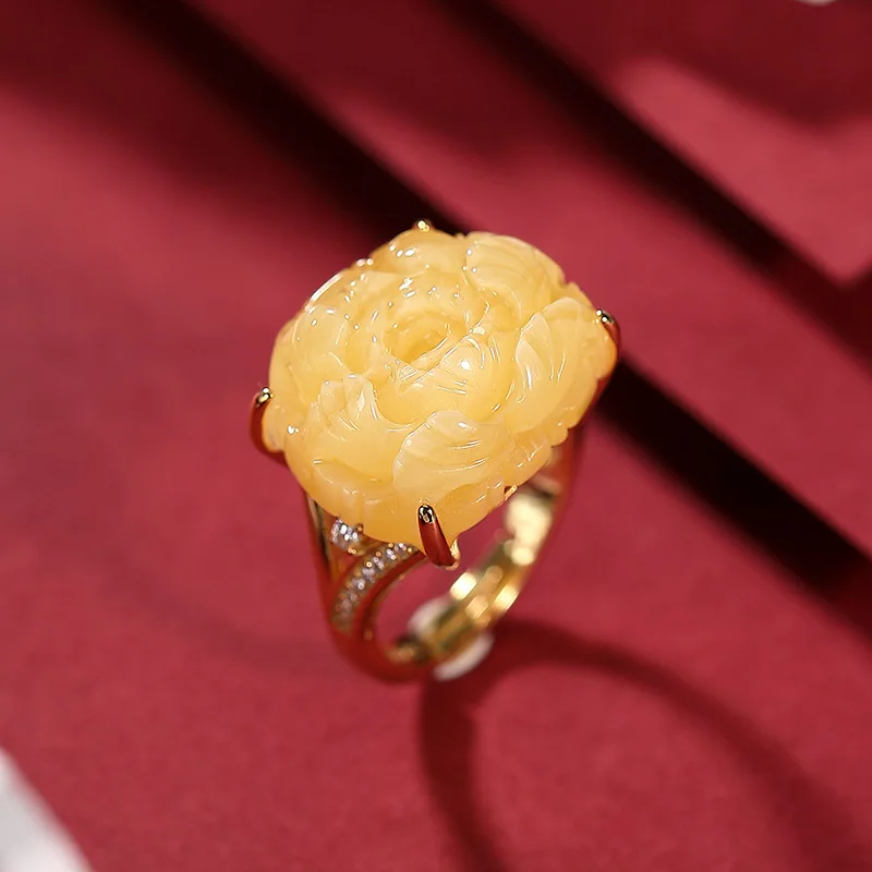 

Vintage luxury natural yellow chalcedony peony flower rings for women classic adjustable design engagement jewelry gift
