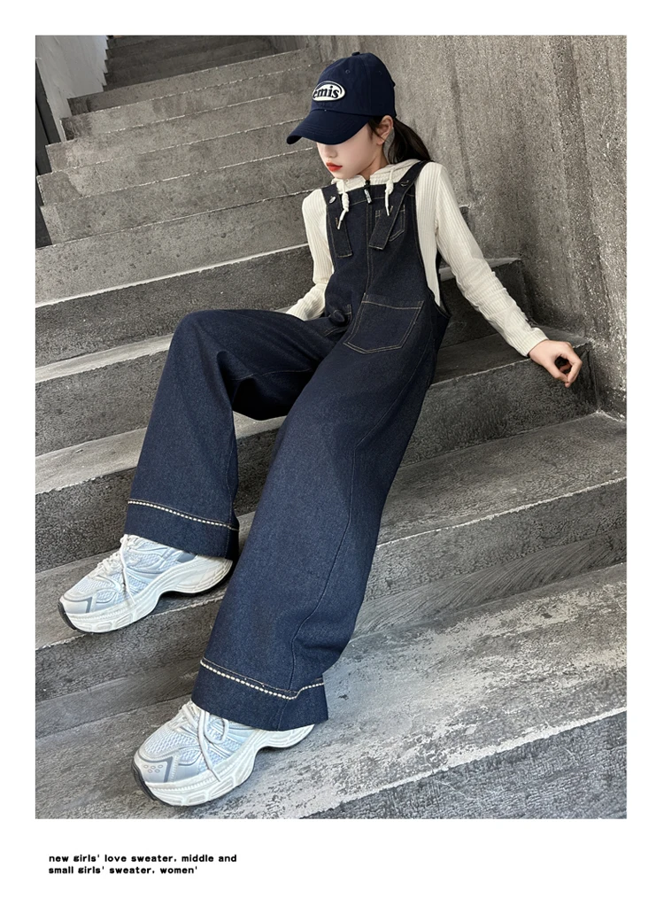 Kinder Vintage Dunkelblauer Denim-Overall für Mädchen, Modischer Jumpsuit, High-Street-Oberbekleidung, Kinder-Teenager-Latzhose mit Trägern, Größe 5-14 – Detail 6