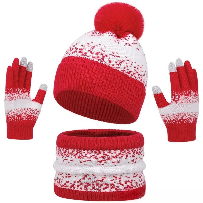 3-Piece Winter Velvet Ear Protection Knitted Hat, Scarf, Touch Screen Gloves, Warm Suit, Men's and Women's Outdoor Woolen Hats